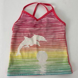 Land's End Tankini Swim Top Dolphins in Sunset Orange Yellow Green - Kids Size 6